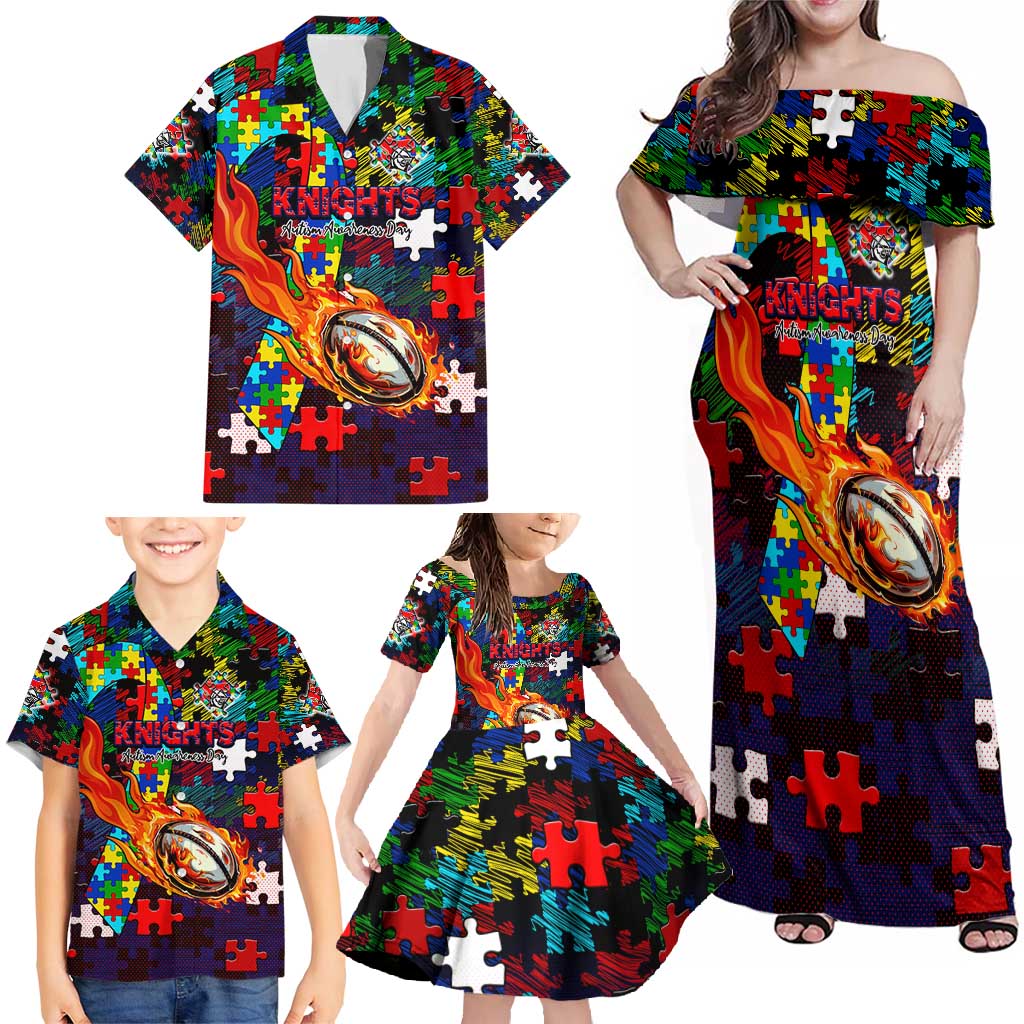 Knights Autism Awareness Family Matching Off Shoulder Maxi Dress and Hawaiian Shirt Puzzle Flames Rugby Ball