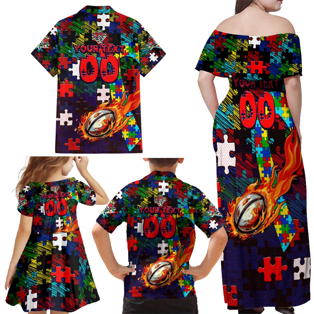 Knights Autism Awareness Family Matching Off Shoulder Maxi Dress and Hawaiian Shirt Puzzle Flames Rugby Ball