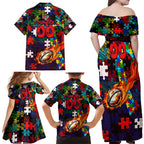 Knights Autism Awareness Family Matching Off Shoulder Maxi Dress and Hawaiian Shirt Puzzle Flames Rugby Ball