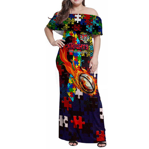 Knights Autism Awareness Family Matching Off Shoulder Maxi Dress and Hawaiian Shirt Puzzle Flames Rugby Ball