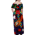 Knights Autism Awareness Family Matching Off Shoulder Maxi Dress and Hawaiian Shirt Puzzle Flames Rugby Ball