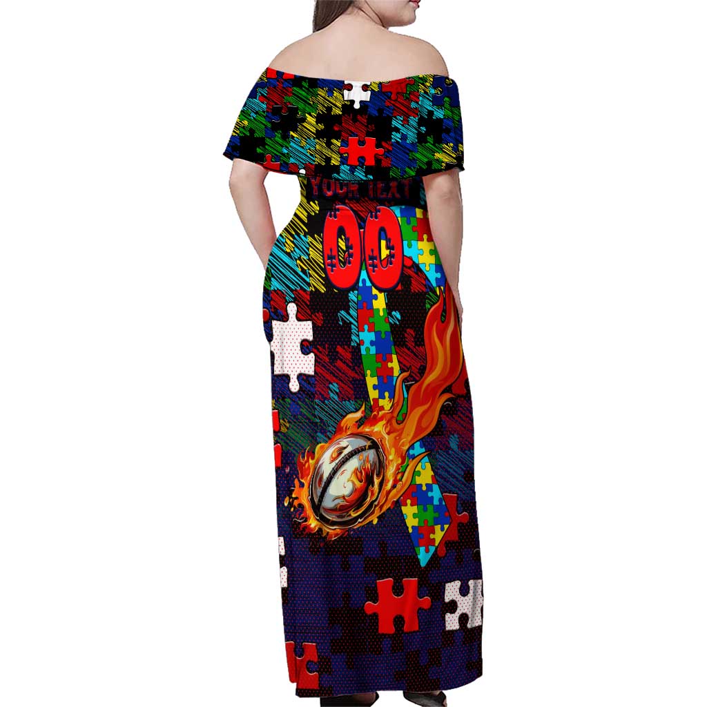 Knights Autism Awareness Family Matching Off Shoulder Maxi Dress and Hawaiian Shirt Puzzle Flames Rugby Ball