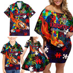 Knights Autism Awareness Family Matching Off Shoulder Short Dress and Hawaiian Shirt Puzzle Flames Rugby Ball