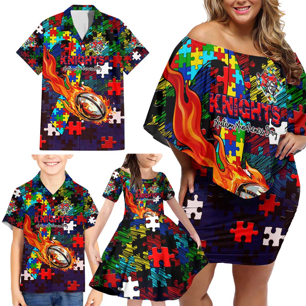 Knights Autism Awareness Family Matching Off Shoulder Short Dress and Hawaiian Shirt Puzzle Flames Rugby Ball