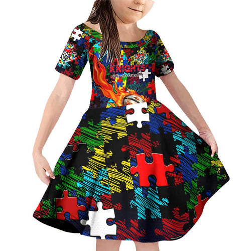 Knights Autism Awareness Family Matching Off Shoulder Short Dress and Hawaiian Shirt Puzzle Flames Rugby Ball