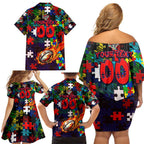 Knights Autism Awareness Family Matching Off Shoulder Short Dress and Hawaiian Shirt Puzzle Flames Rugby Ball