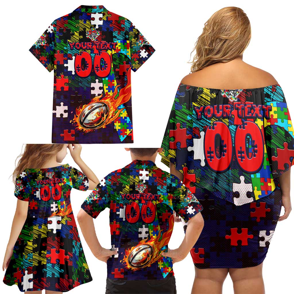 Knights Autism Awareness Family Matching Off Shoulder Short Dress and Hawaiian Shirt Puzzle Flames Rugby Ball