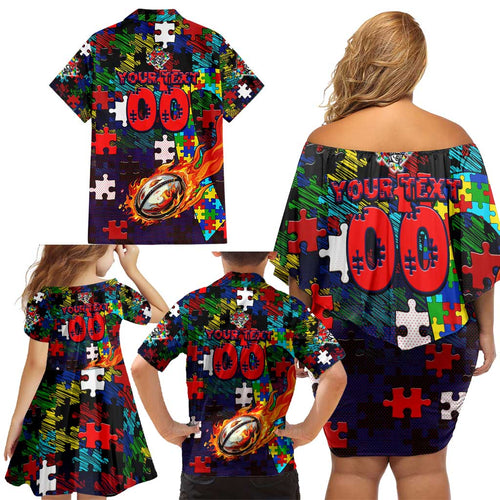 Knights Autism Awareness Family Matching Off Shoulder Short Dress and Hawaiian Shirt Puzzle Flames Rugby Ball