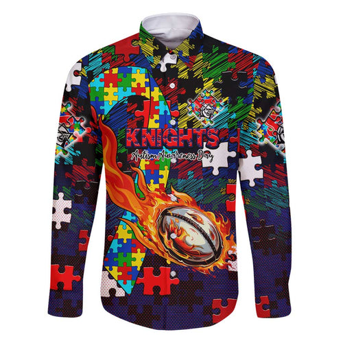 Knights Autism Awareness Family Matching Off Shoulder Short Dress and Hawaiian Shirt Puzzle Flames Rugby Ball