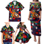 Knights Autism Awareness Family Matching Puletasi and Hawaiian Shirt Puzzle Flames Rugby Ball