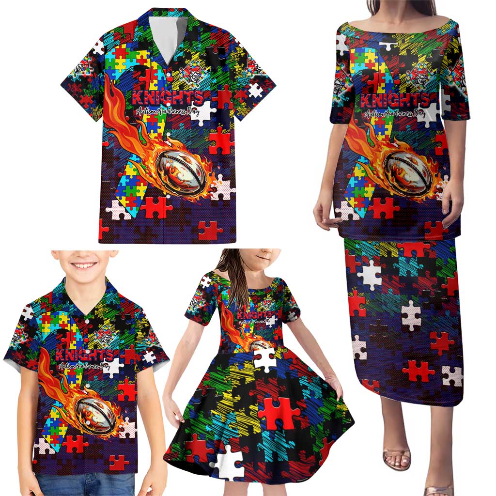 Knights Autism Awareness Family Matching Puletasi and Hawaiian Shirt Puzzle Flames Rugby Ball