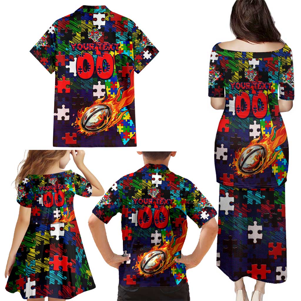 Knights Autism Awareness Family Matching Puletasi and Hawaiian Shirt Puzzle Flames Rugby Ball