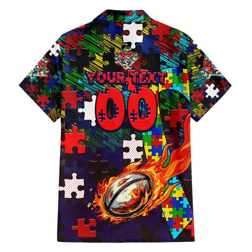Knights Autism Awareness Family Matching Puletasi and Hawaiian Shirt Puzzle Flames Rugby Ball