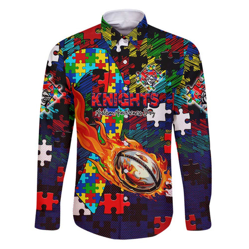 Knights Autism Awareness Family Matching Puletasi and Hawaiian Shirt Puzzle Flames Rugby Ball