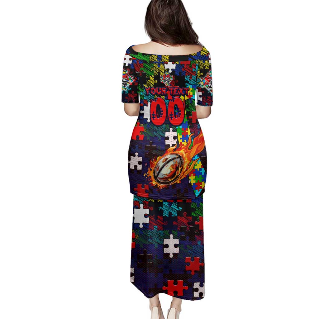 Knights Autism Awareness Family Matching Puletasi and Hawaiian Shirt Puzzle Flames Rugby Ball