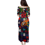 Knights Autism Awareness Family Matching Puletasi and Hawaiian Shirt Puzzle Flames Rugby Ball