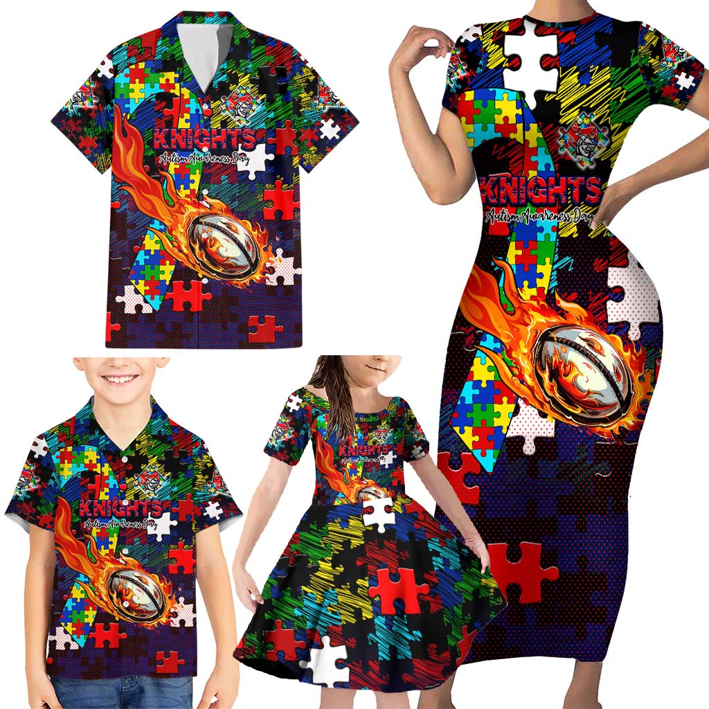 Knights Autism Awareness Family Matching Short Sleeve Bodycon Dress and Hawaiian Shirt Puzzle Flames Rugby Ball