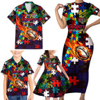 Knights Autism Awareness Family Matching Short Sleeve Bodycon Dress and Hawaiian Shirt Puzzle Flames Rugby Ball