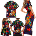 Knights Autism Awareness Family Matching Short Sleeve Bodycon Dress and Hawaiian Shirt Puzzle Flames Rugby Ball