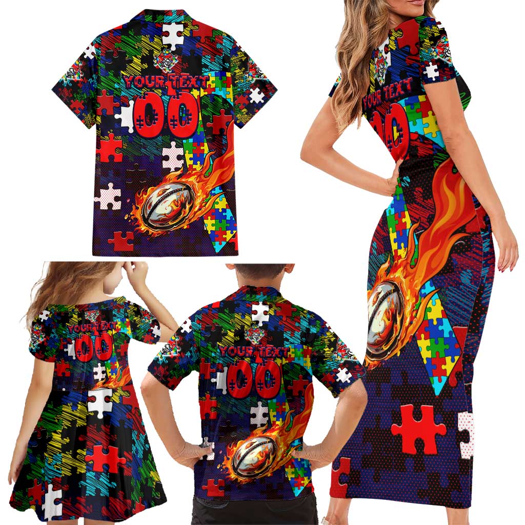 Knights Autism Awareness Family Matching Short Sleeve Bodycon Dress and Hawaiian Shirt Puzzle Flames Rugby Ball