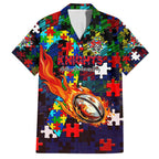 Knights Autism Awareness Family Matching Short Sleeve Bodycon Dress and Hawaiian Shirt Puzzle Flames Rugby Ball