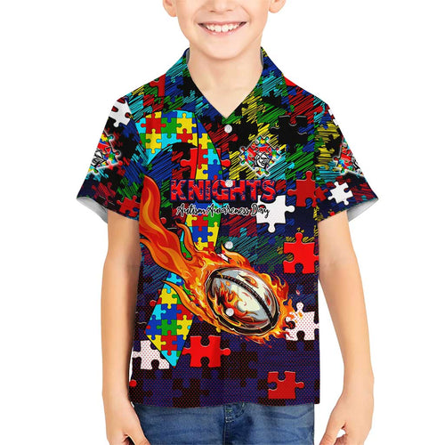 Knights Autism Awareness Family Matching Short Sleeve Bodycon Dress and Hawaiian Shirt Puzzle Flames Rugby Ball