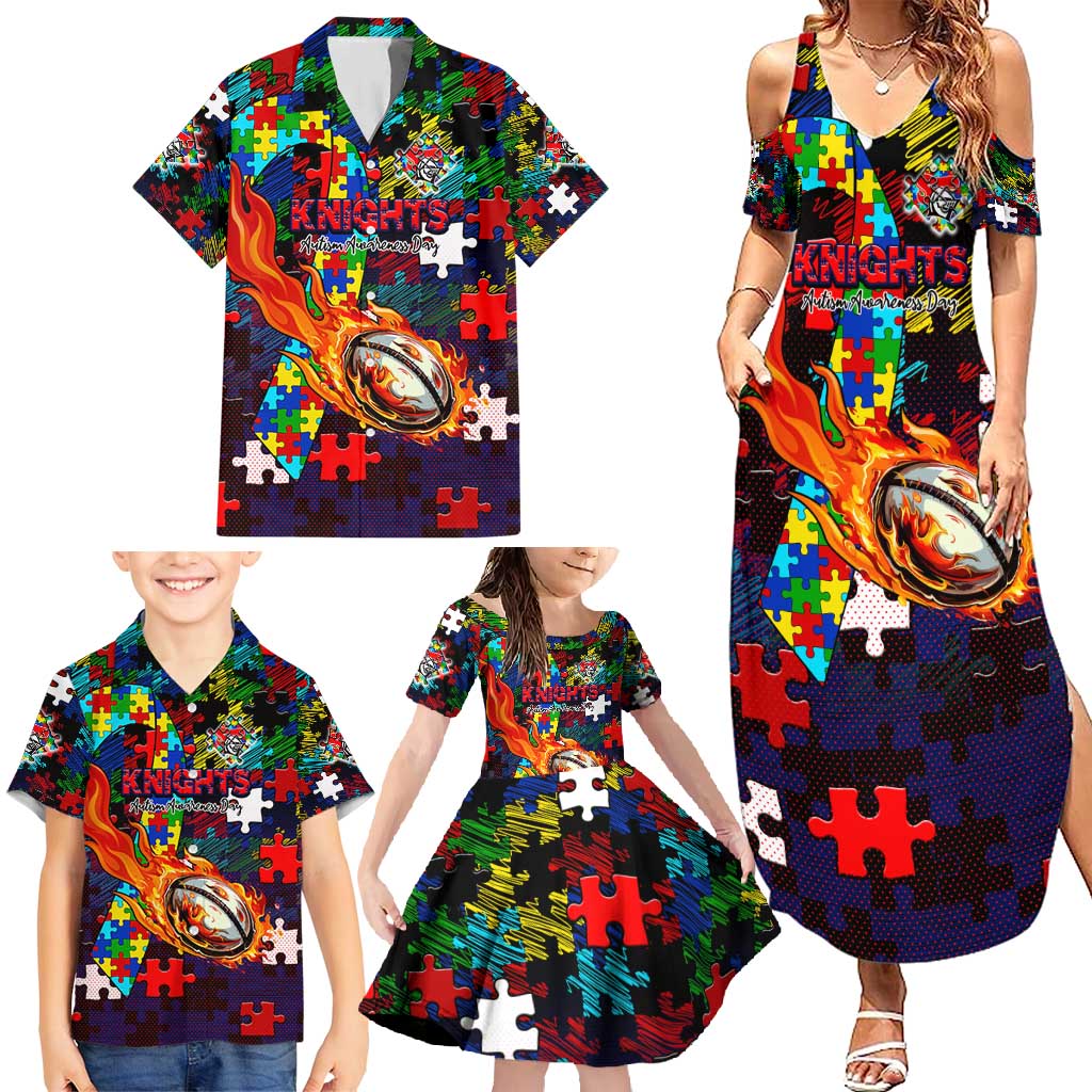 Knights Autism Awareness Family Matching Summer Maxi Dress and Hawaiian Shirt Puzzle Flames Rugby Ball
