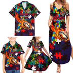 Knights Autism Awareness Family Matching Summer Maxi Dress and Hawaiian Shirt Puzzle Flames Rugby Ball