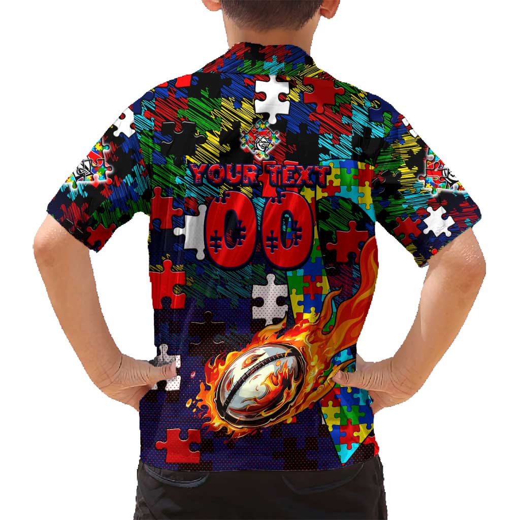 Knights Autism Awareness Family Matching Summer Maxi Dress and Hawaiian Shirt Puzzle Flames Rugby Ball