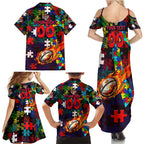 Knights Autism Awareness Family Matching Summer Maxi Dress and Hawaiian Shirt Puzzle Flames Rugby Ball