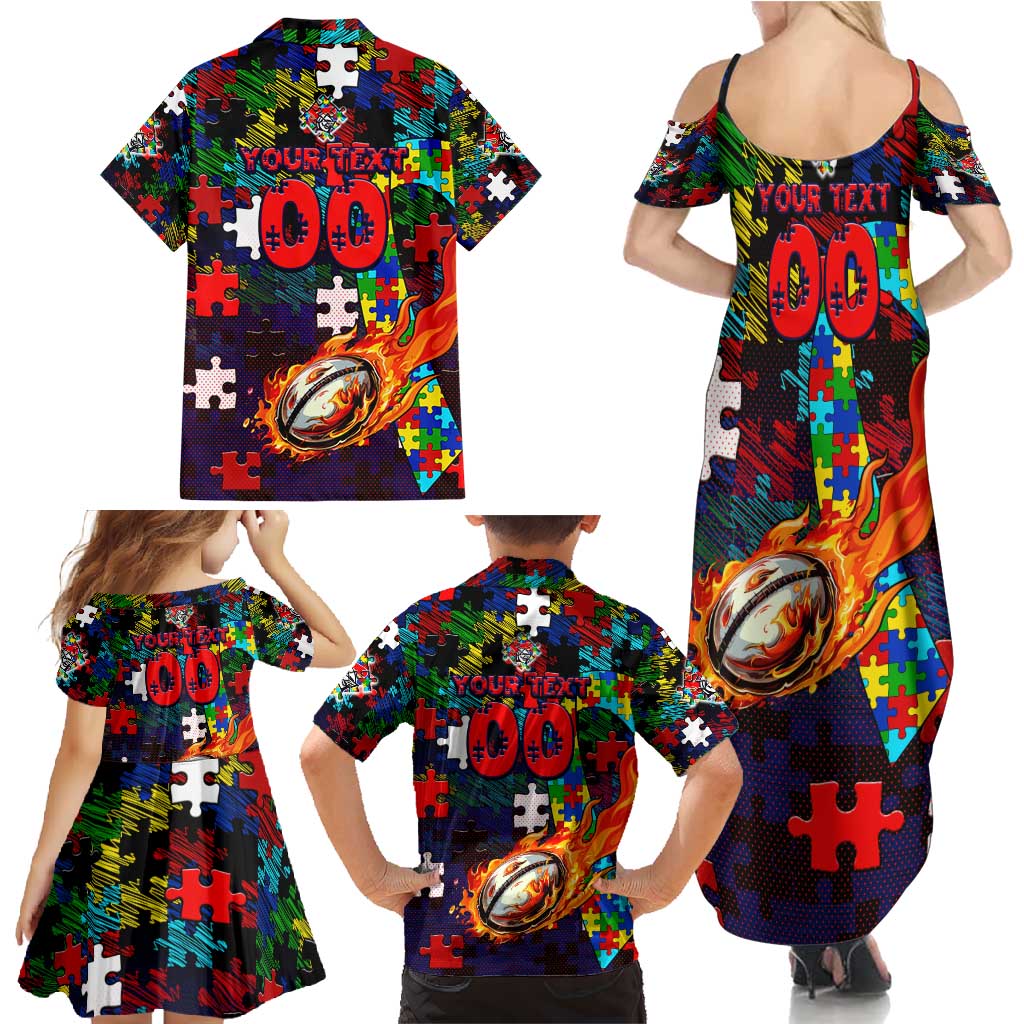 Knights Autism Awareness Family Matching Summer Maxi Dress and Hawaiian Shirt Puzzle Flames Rugby Ball