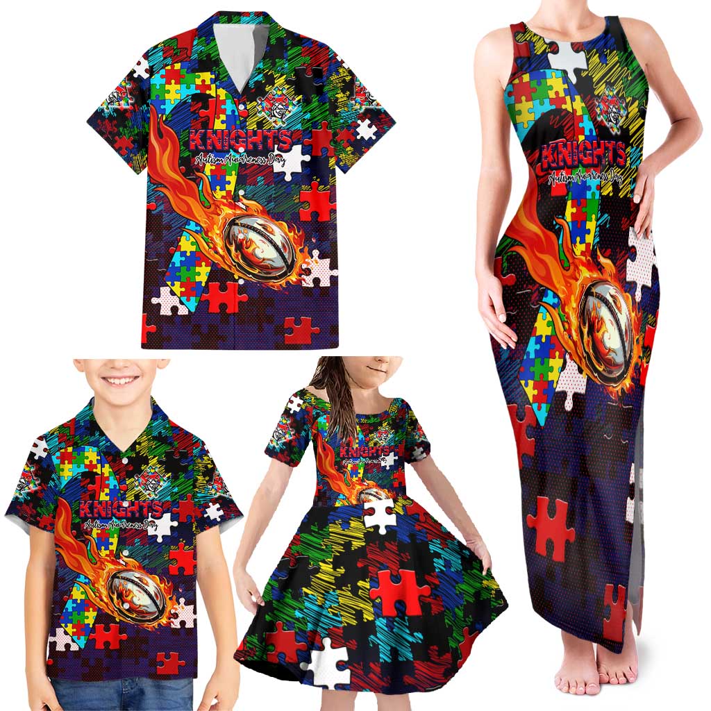 Knights Autism Awareness Family Matching Tank Maxi Dress and Hawaiian Shirt Puzzle Flames Rugby Ball
