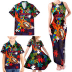 Knights Autism Awareness Family Matching Tank Maxi Dress and Hawaiian Shirt Puzzle Flames Rugby Ball