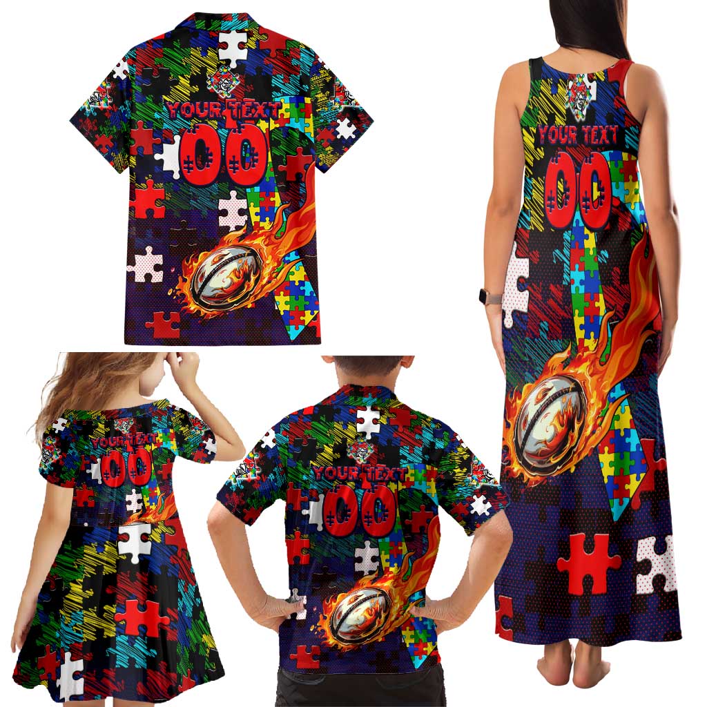 Knights Autism Awareness Family Matching Tank Maxi Dress and Hawaiian Shirt Puzzle Flames Rugby Ball