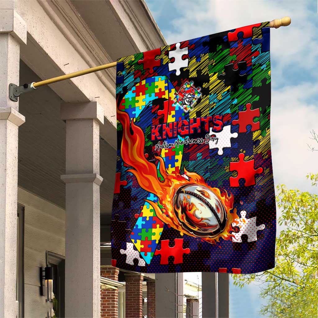 Knights Autism Awareness Garden Flag Puzzle Flames Rugby Ball