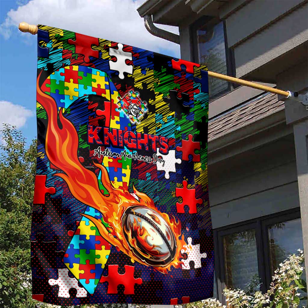 Knights Autism Awareness Garden Flag Puzzle Flames Rugby Ball