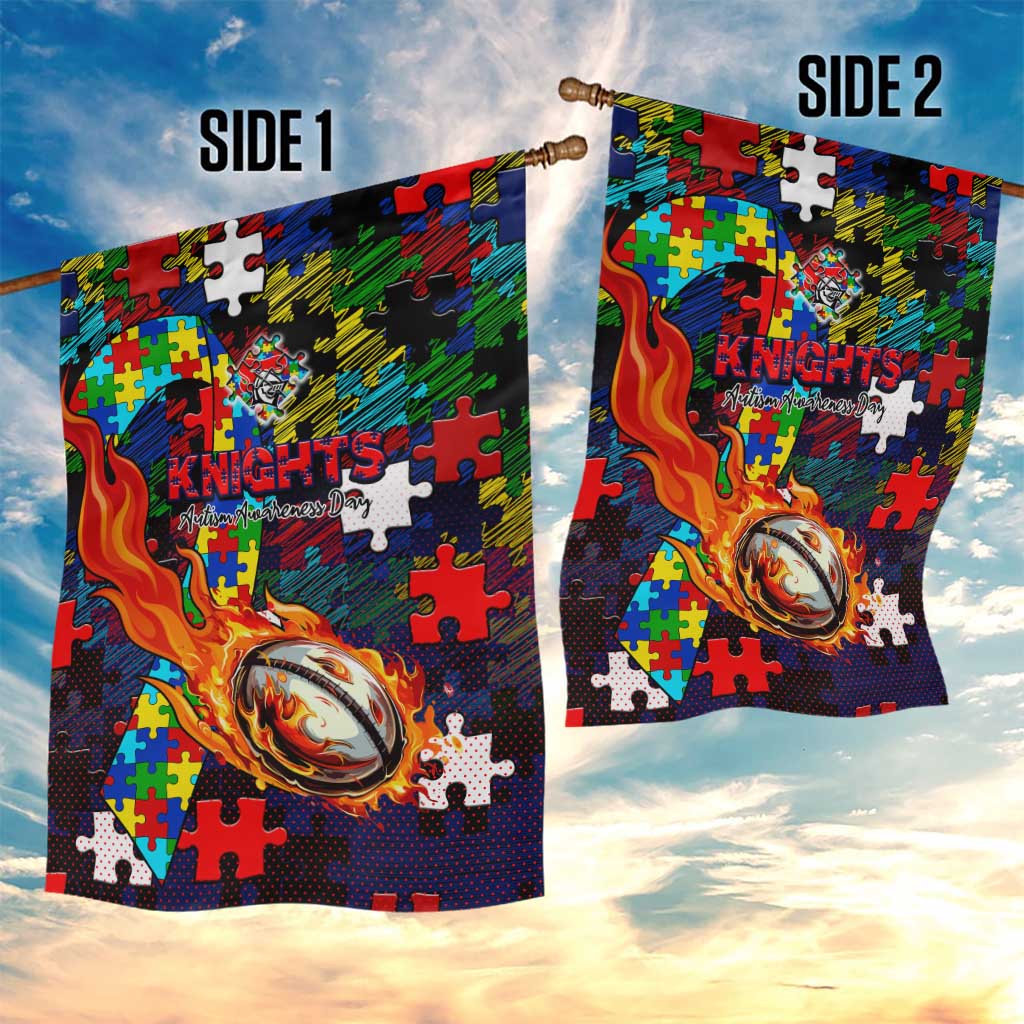 Knights Autism Awareness Garden Flag Puzzle Flames Rugby Ball