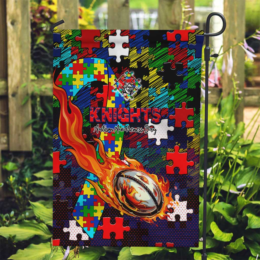 Knights Autism Awareness Garden Flag Puzzle Flames Rugby Ball