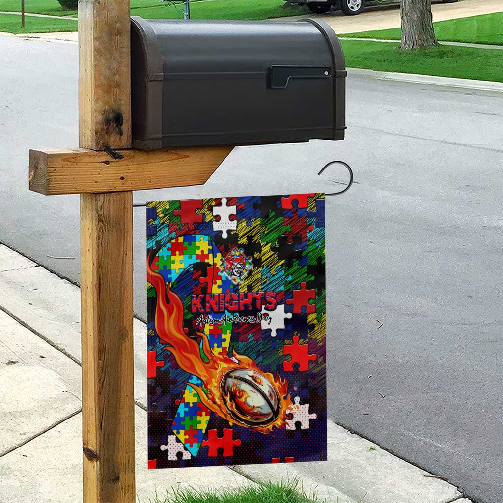 Knights Autism Awareness Garden Flag Puzzle Flames Rugby Ball