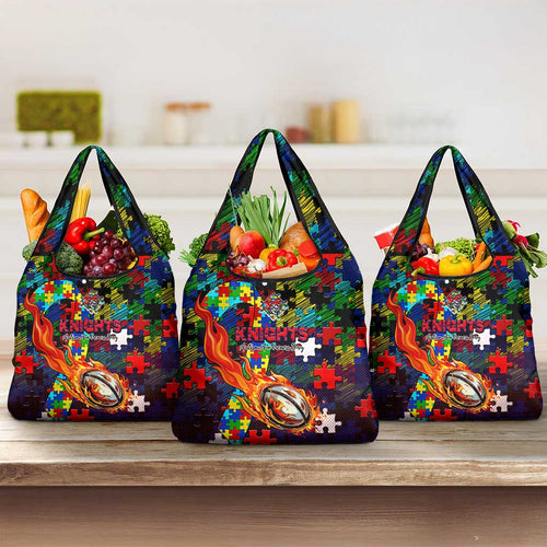 Knights Autism Awareness Grocery Bag Puzzle Flames Rugby Ball