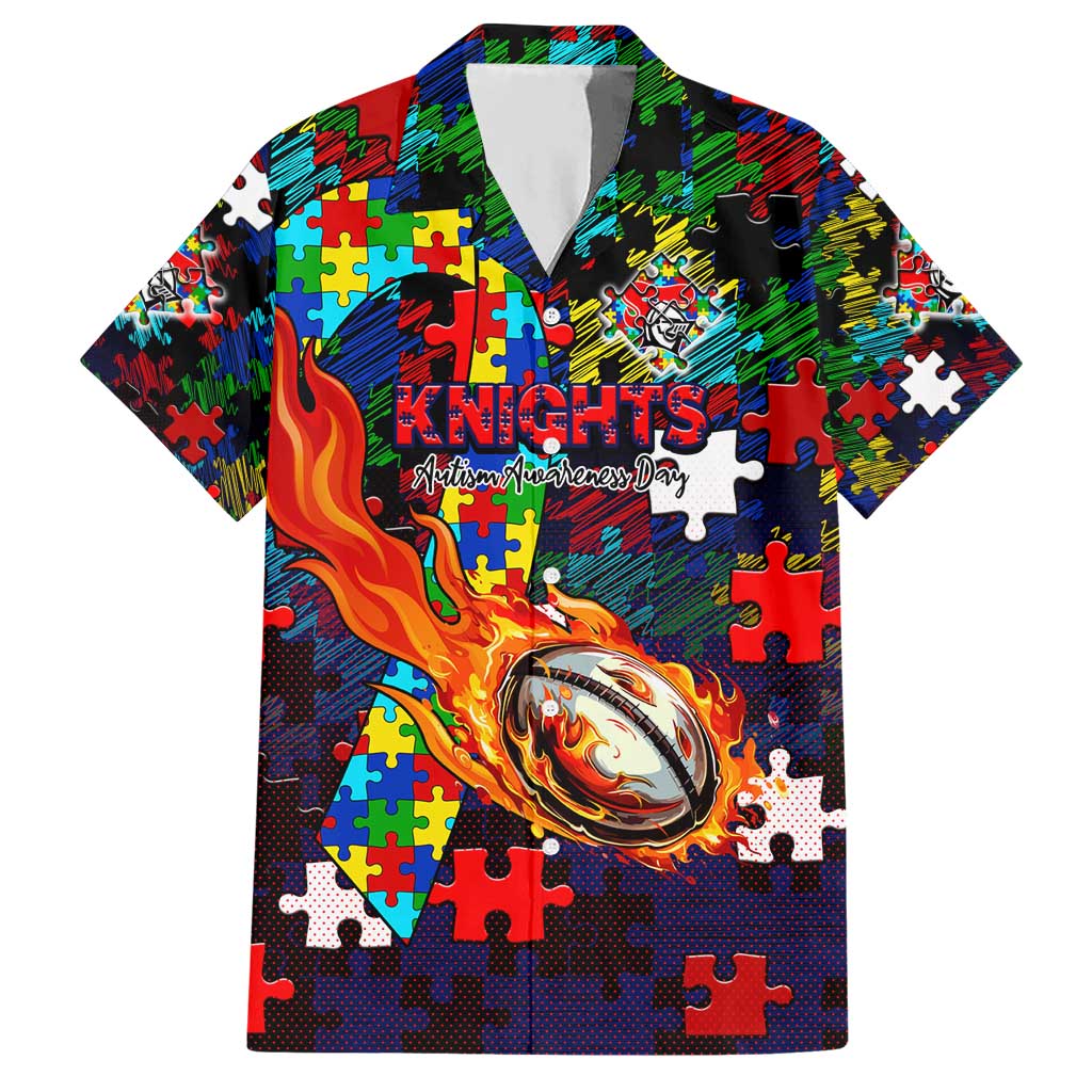 Knights Autism Awareness Hawaiian Shirt Puzzle Flames Rugby Ball