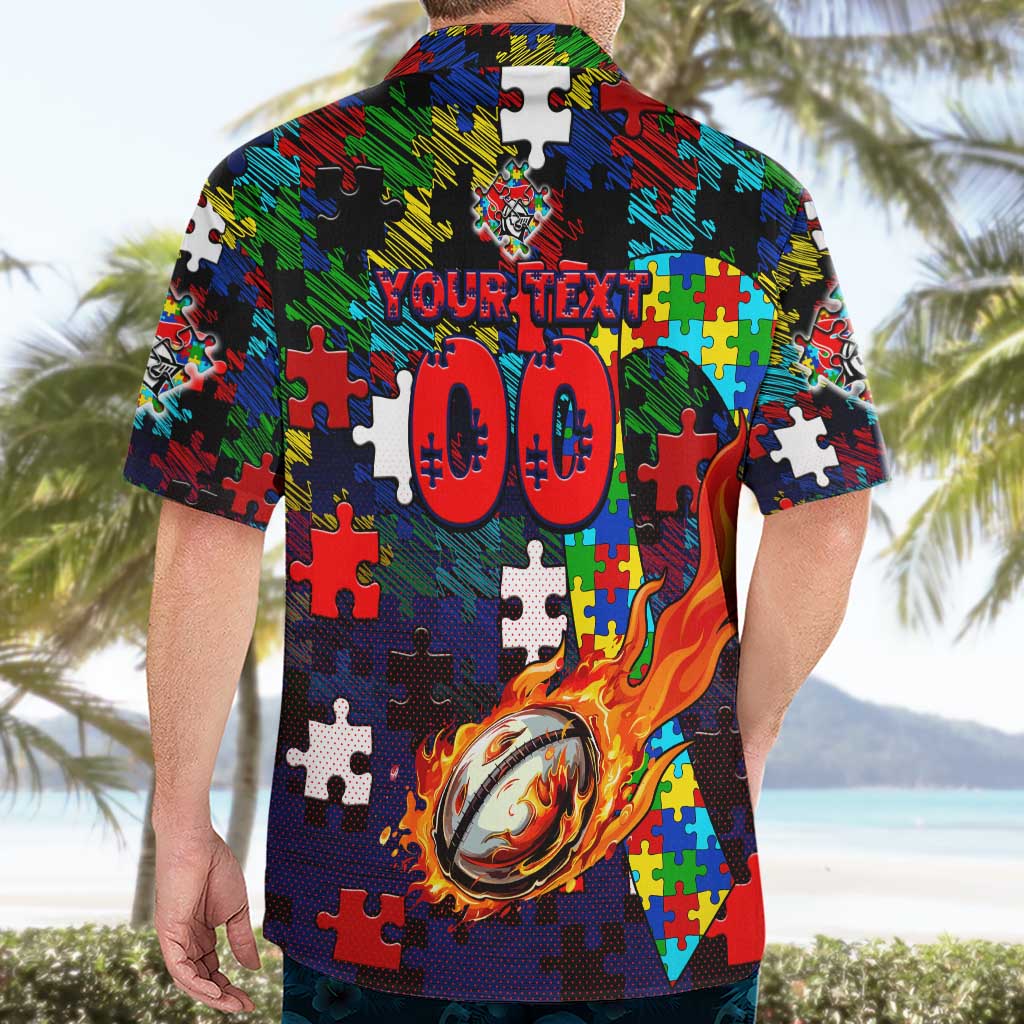 Knights Autism Awareness Hawaiian Shirt Puzzle Flames Rugby Ball