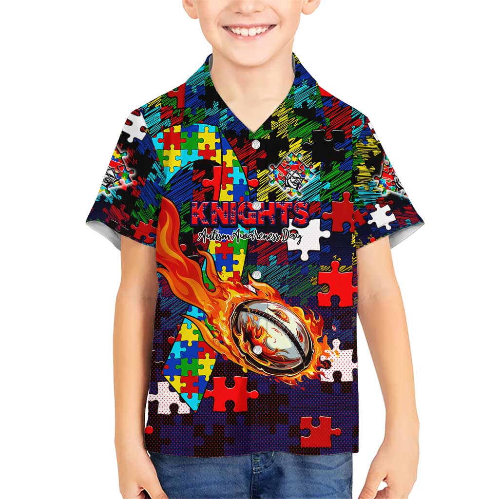 Knights Autism Awareness Hawaiian Shirt Puzzle Flames Rugby Ball