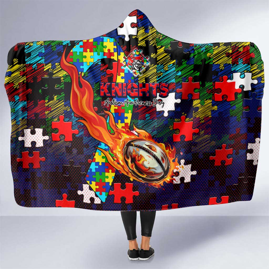 Knights Autism Awareness Hooded Blanket Puzzle Flames Rugby Ball