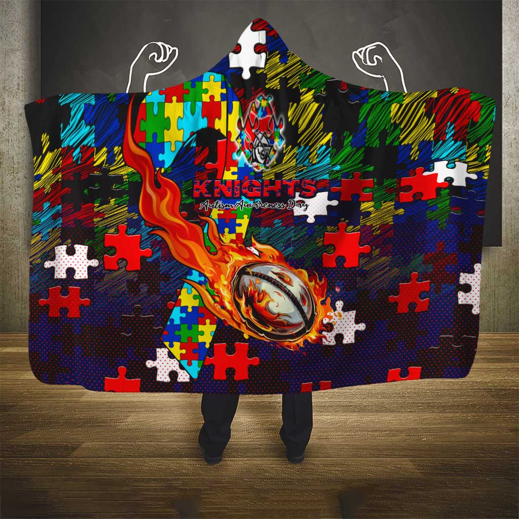 Knights Autism Awareness Hooded Blanket Puzzle Flames Rugby Ball