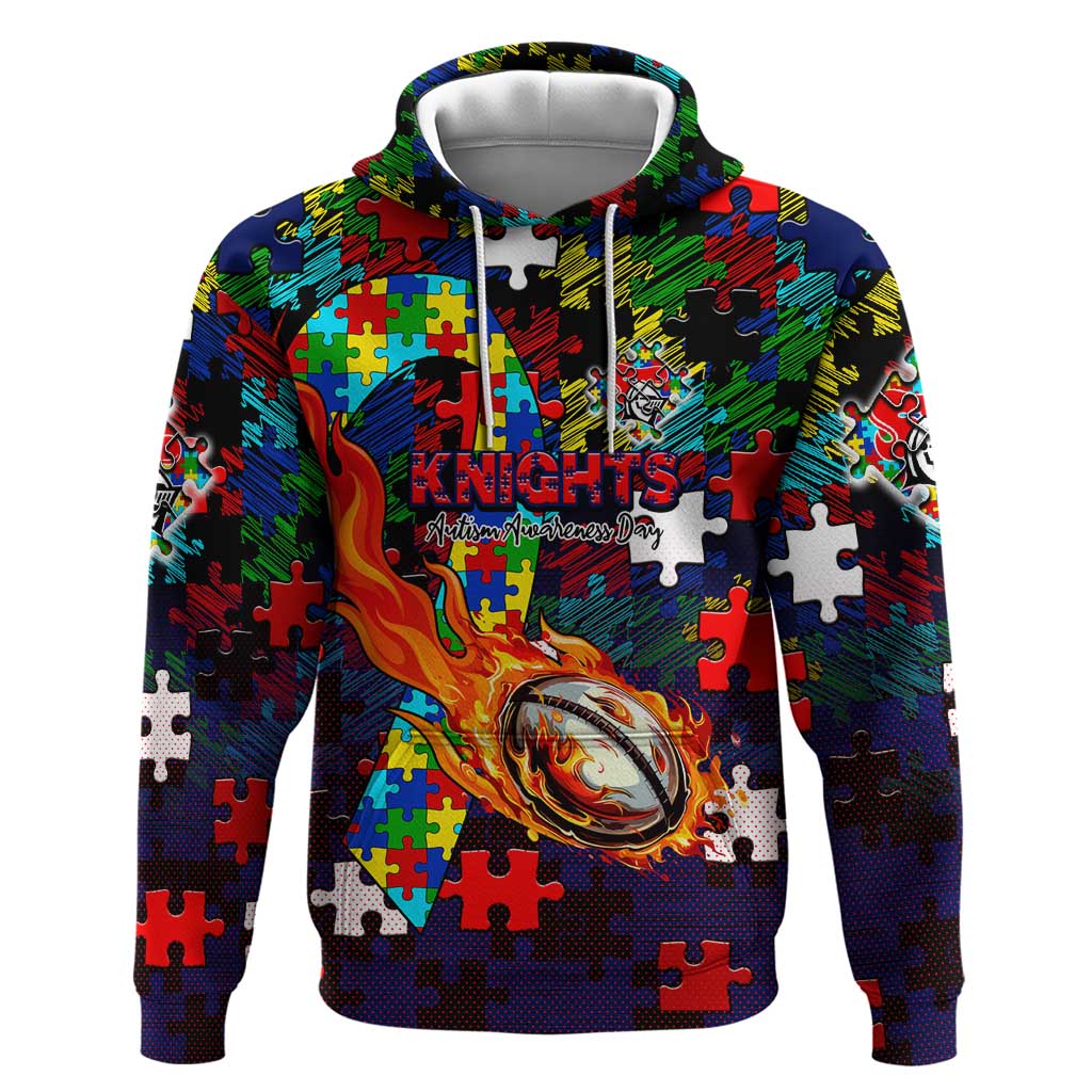 Knights Autism Awareness Hoodie Puzzle Flames Rugby Ball
