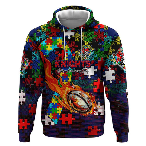 Knights Autism Awareness Hoodie Puzzle Flames Rugby Ball