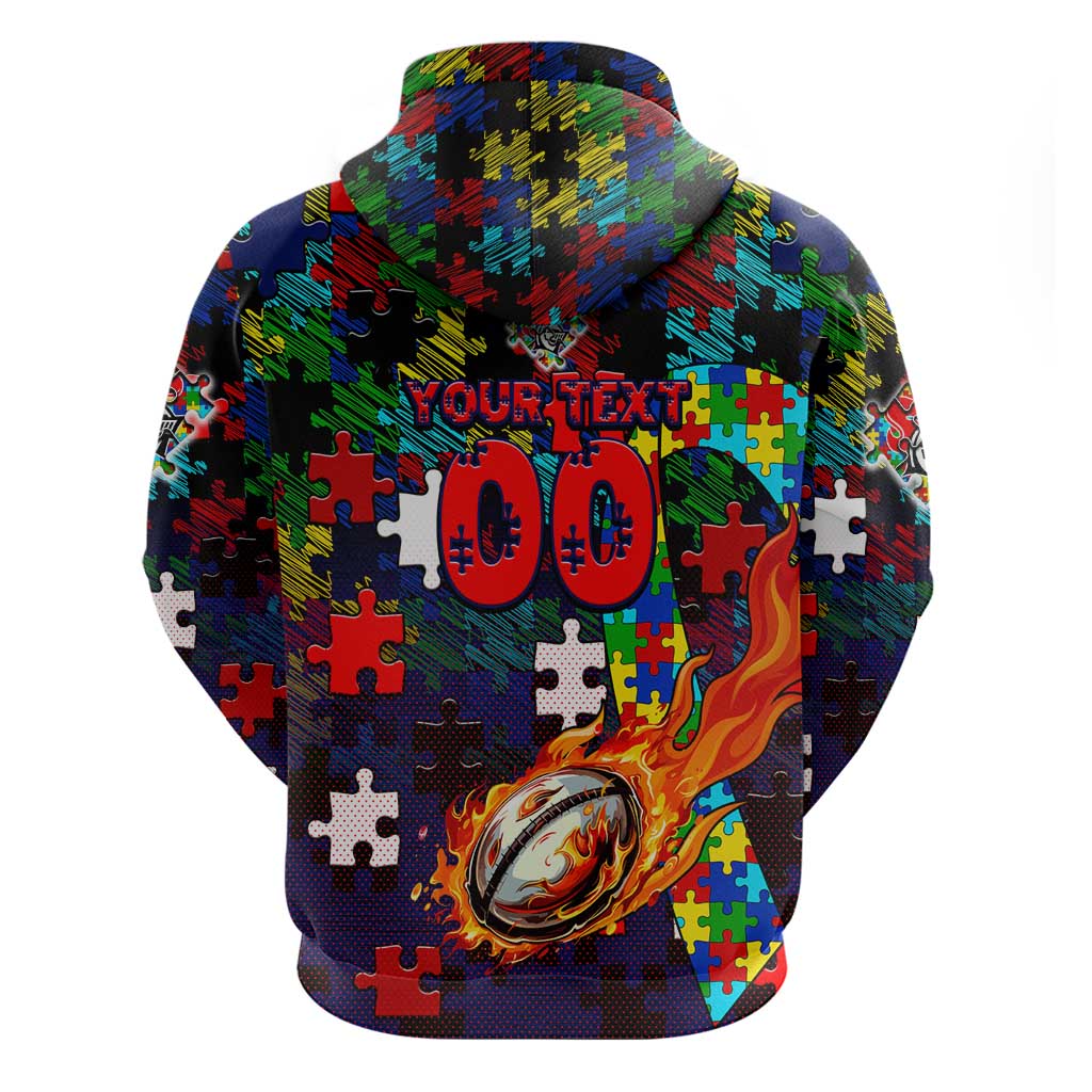 Knights Autism Awareness Hoodie Puzzle Flames Rugby Ball