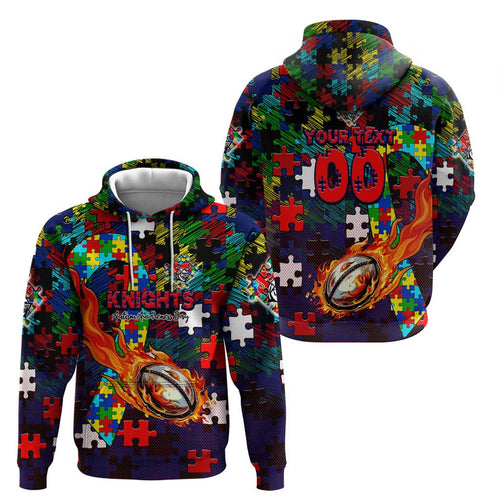 Knights Autism Awareness Hoodie Puzzle Flames Rugby Ball