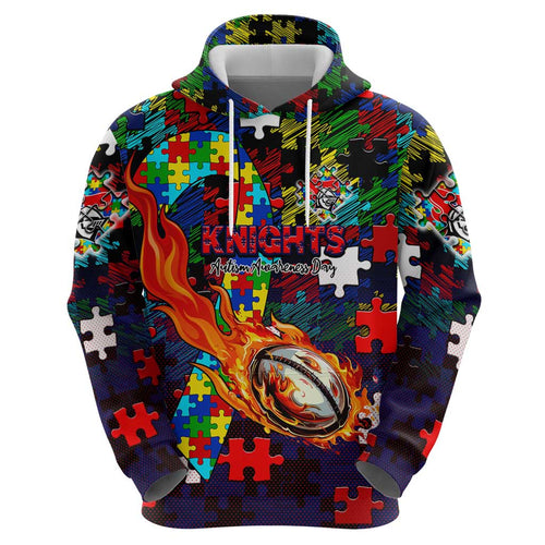 Knights Autism Awareness Hoodie Puzzle Flames Rugby Ball